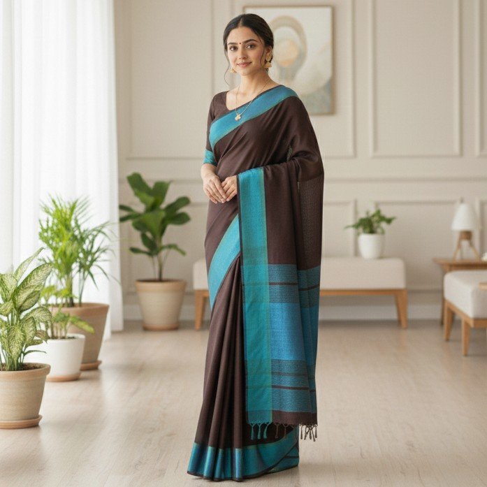 1771142392821~2 Coffee Brown & Turquoise Blue Contemporary Cotton Saree - Image 1