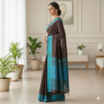 Coffee Brown & Turquoise Blue Contemporary Cotton Saree - Image 2