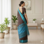 Coffee Brown & Turquoise Blue Contemporary Cotton Saree - Image 3