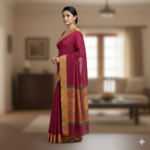 Exquisite Deep Magenta Handloom Silk Saree with Traditional Antique Gold Border - Image 2