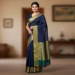 Royal Navy Blue Handloom Chanderi Saree with Antique Gold Zari Border