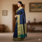 Royal Navy Blue Handloom Chanderi Saree with Antique Gold Zari Border - Image 3