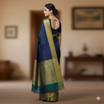 Royal Navy Blue Handloom Chanderi Saree with Antique Gold Zari Border - Image 2
