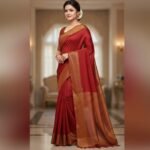 Elegant Crimson & Gold Handloom Silk Saree