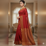 Elegant Crimson & Gold Handloom Silk Saree - Image 2