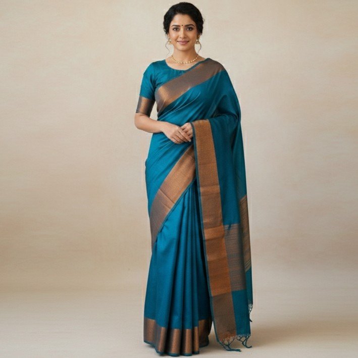 1771148077700~2 Elegant Teal Blue Chanderi Silk Saree with Antique Gold Border - Image 1
