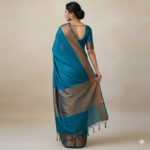 Elegant Teal Blue Chanderi Silk Saree with Antique Gold Border - Image 3