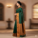 Regal Emerald Green Silk Saree with Antique Gold Zari Border - Image 2