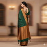 Regal Emerald Green Silk Saree with Antique Gold Zari Border - Image 3