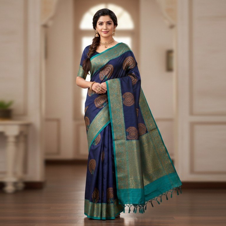 1771150235972~2 Midnight Blue Kanjivaram Silk Saree with Antique Gold Butta - Image 1