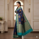 Midnight Blue Kanjivaram Silk Saree with Antique Gold Butta - Image 2