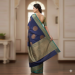 Midnight Blue Kanjivaram Silk Saree with Antique Gold Butta - Image 3