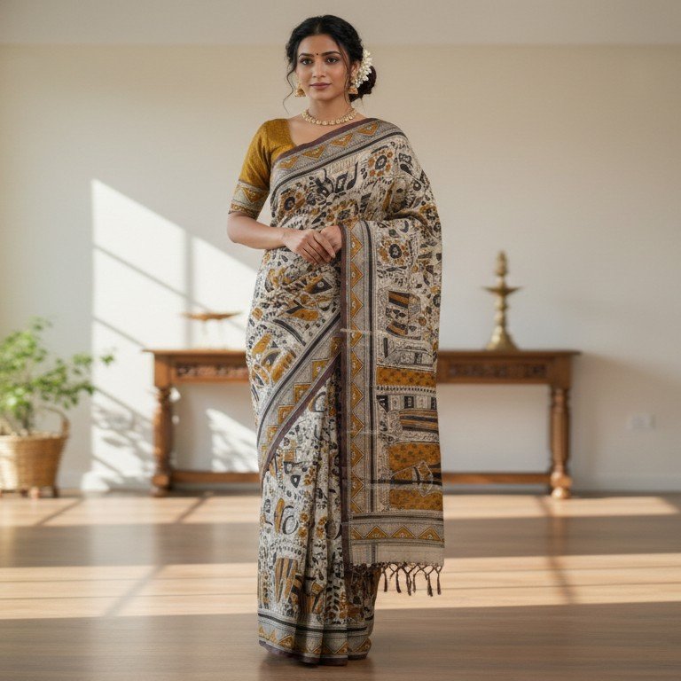 1771152607439~2 Elegance in Ink: Hand-Painted Kalamkari Silk Saree - Image 1