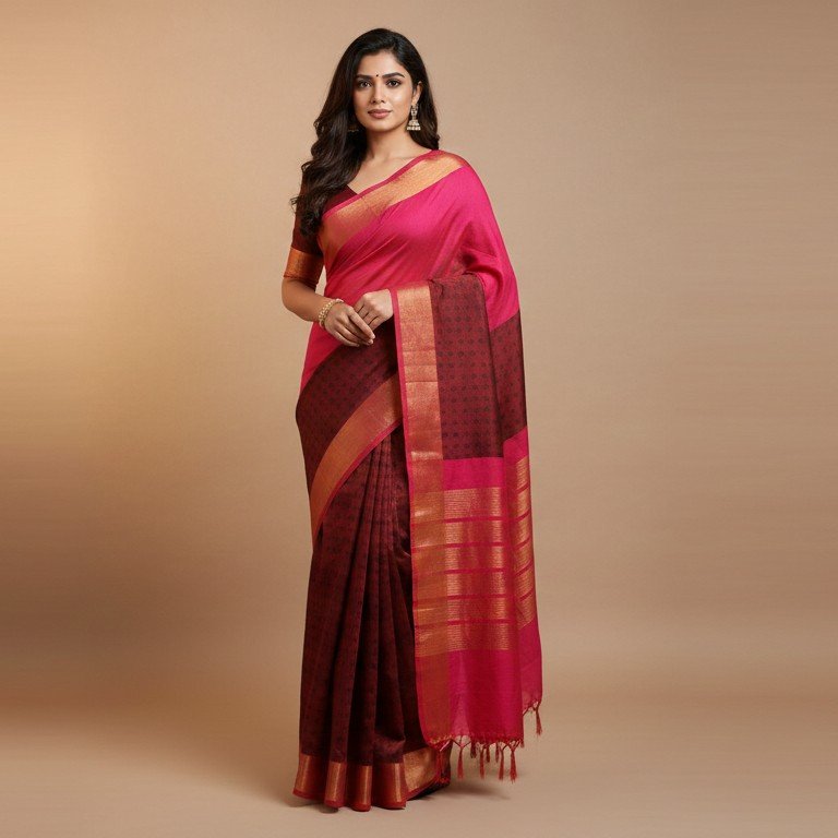 1771153020804~2 Elegant Dual-Tone Magenta & Deep Wine Silk Saree with Zari Borders - Image 1