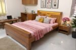 The Horizon Teak-Finish Platform Bed with Integrated Storage Headboard