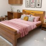 The Horizon Teak-Finish Platform Bed with Integrated Storage Headboard