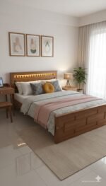 Handcrafted Teak-Finish Wooden Bed Frame