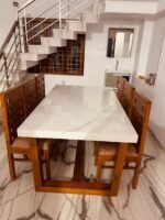 Modern Teak Wood 6-Seater Dining Set with Glass Top & Fabric Upholstery - Image 2