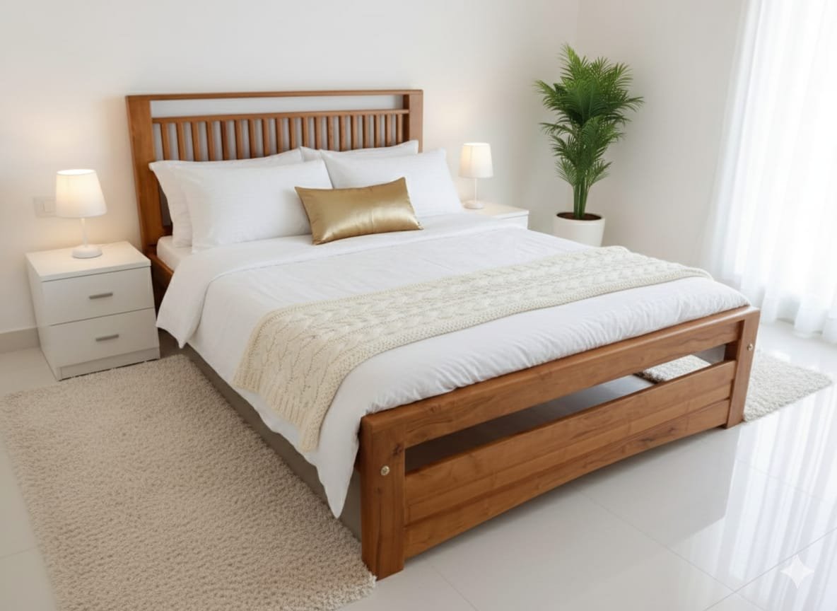IMG-20260130-WA0250 Premium Solid Teak Wood Queen Bed – Modern Slatted Design - Image 1