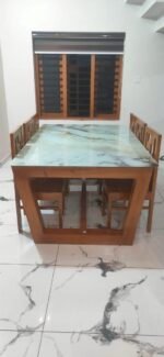 Modern Teak Wood 6-Seater Dining Set with Glass Top & Fabric Upholstery - Image 3