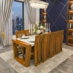 Handcrafted Solid Wood 6-Seater Dining Set with Glass Top & Slatted High-Back Chairs