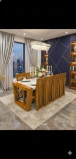 Handcrafted Solid Wood 6-Seater Dining Set with Glass Top & Slatted High-Back Chairs