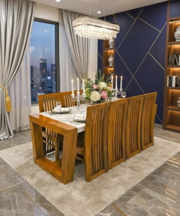 Handcrafted Solid Wood 6-Seater Dining Set with Glass Top & Slatted High-Back Chairs