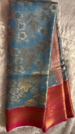 Teal Blue & Rani Pink Kanjivaram Silk Saree with Antique Gold Zari - Image 5