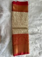 Golden Ivory Banarasi Silk Saree with Crimson Heritage Border - Image 4