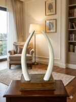 Handcrafted Aana Kombu Decor – Twin Tusk Sculpture with Teak Base