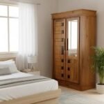 Handcrafted Solid Wood Almirah with Geometric Lattice & Integrated Mirror - Image 5