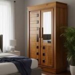 Handcrafted Solid Wood Almirah with Geometric Lattice & Integrated Mirror - Image 3