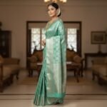 Seafoam Green & Silver Banarasi Brocade Silk Saree - Image 2