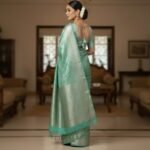 Seafoam Green & Silver Banarasi Brocade Silk Saree - Image 3