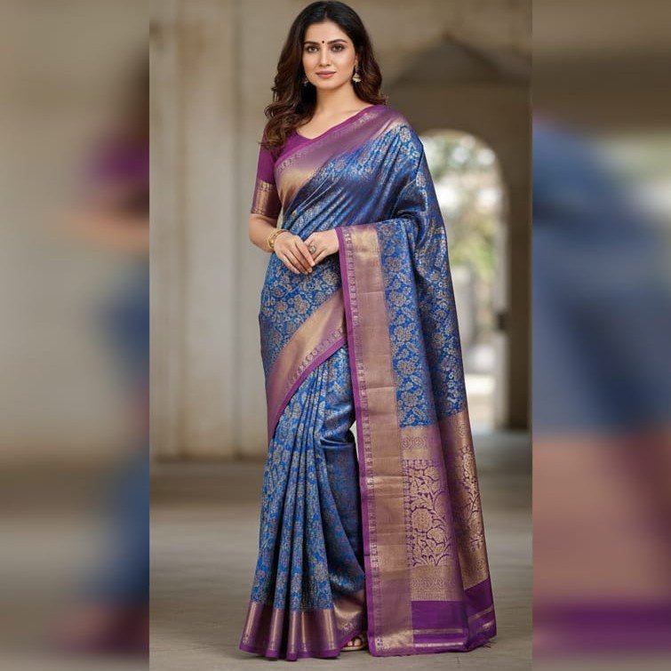 IMG-20260203-WA0015~2 Royal Blue Kanjivaram Silk Saree with Antique Gold Zari & Floral Brocade - Image 1