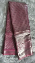 Rose Pink & Silver Zari Banarasi Silk Saree with Geometric Weave - Image 4