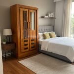 Handcrafted Solid Wood Almirah with Geometric Lattice & Integrated Mirror