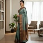 Elegant Seafoam Green & Royal Blue Banarasi Silk Saree with Antique Gold Zari - Image 2