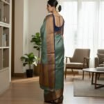 Elegant Seafoam Green & Royal Blue Banarasi Silk Saree with Antique Gold Zari - Image 3
