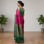Elegant Magenta Silk Saree with Seafoam Green Zari Border and Geometric Self-Weave - Image 3