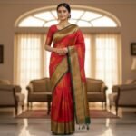 Royal Coral Red Silk Saree with Traditional Peacock Mandalas & Zari Border - Image 2