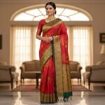Royal Coral Red Silk Saree with Traditional Peacock Mandalas & Zari Border
