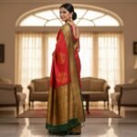 Royal Coral Red Silk Saree with Traditional Peacock Mandalas & Zari Border - Image 3