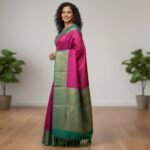 Elegant Magenta Silk Saree with Seafoam Green Zari Border and Geometric Self-Weave - Image 2