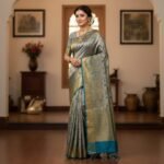 Timeless Elegance: Silver-Grey Kanchipuram Silk Saree with Teal Zari Borders