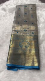 Timeless Elegance: Silver-Grey Kanchipuram Silk Saree with Teal Zari Borders - Image 5