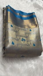 Timeless Elegance: Silver-Grey Kanchipuram Silk Saree with Teal Zari Borders - Image 4