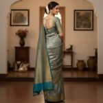 Timeless Elegance: Silver-Grey Kanchipuram Silk Saree with Teal Zari Borders - Image 3