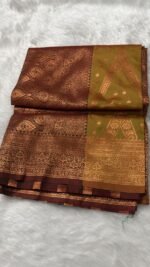 Olive Green Soft Silk Saree with Antique Copper Zari Border - Image 4