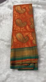 Sunset Amber Kanchipuram Silk Saree with Emerald Zari Borders - Image 4